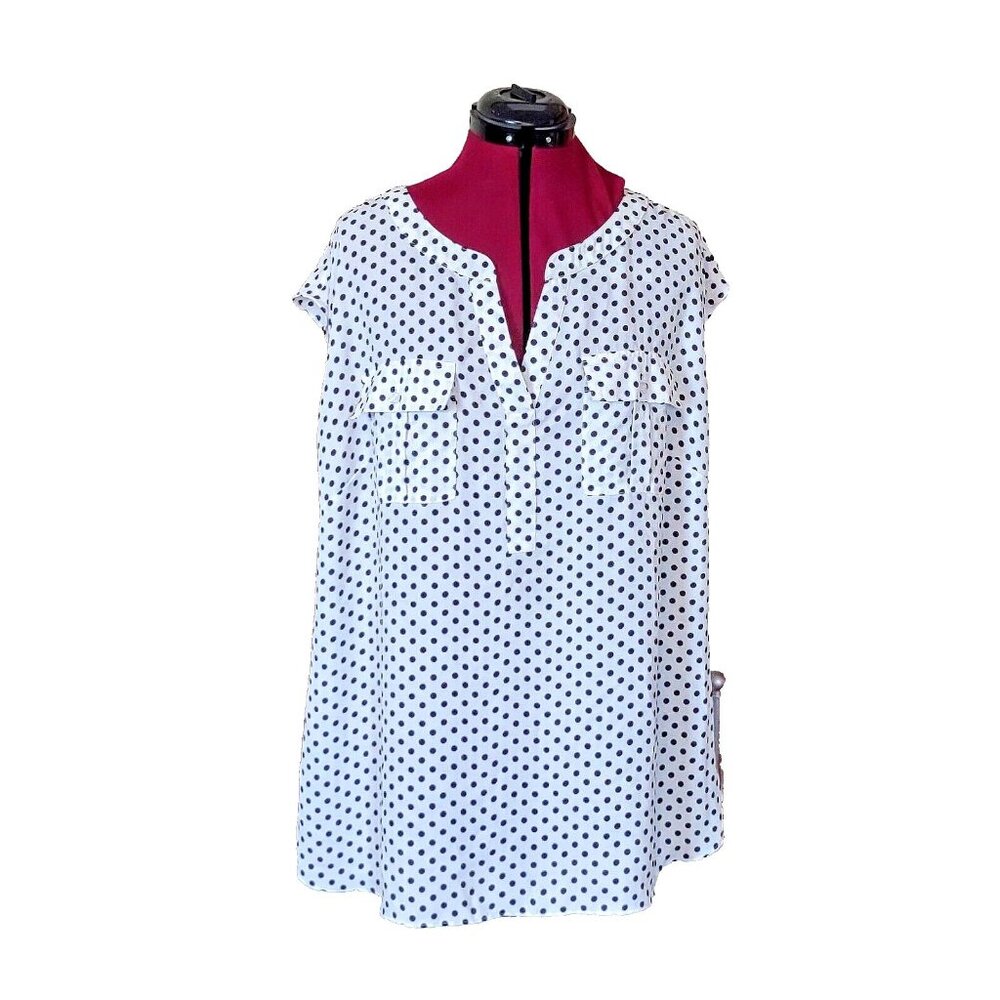 INC International Concepts Blouse 1X Black White Polka Dot Pleated Plus Size